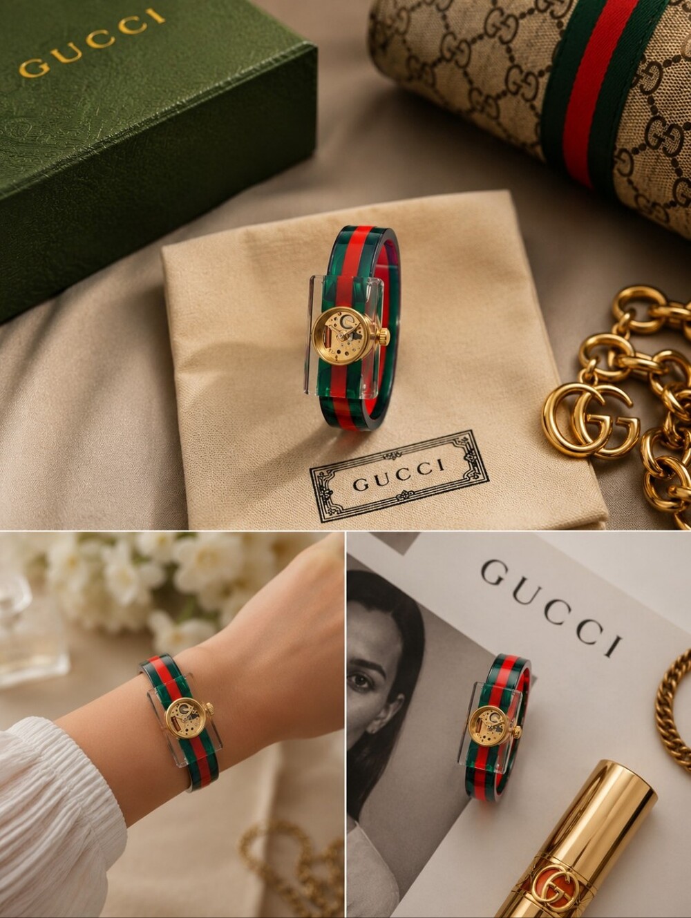 Gucci Green and Red Transparent Aceylic Gold-Bezel Mechanical Watch